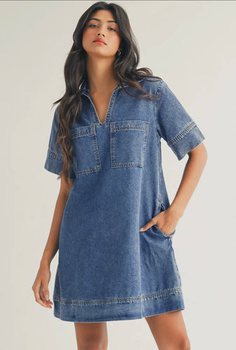 Short Sleeve collared Patched pocket denim mini dress