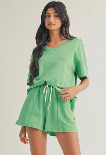 V-neck drop shoulder Tee and drawstring Shorts