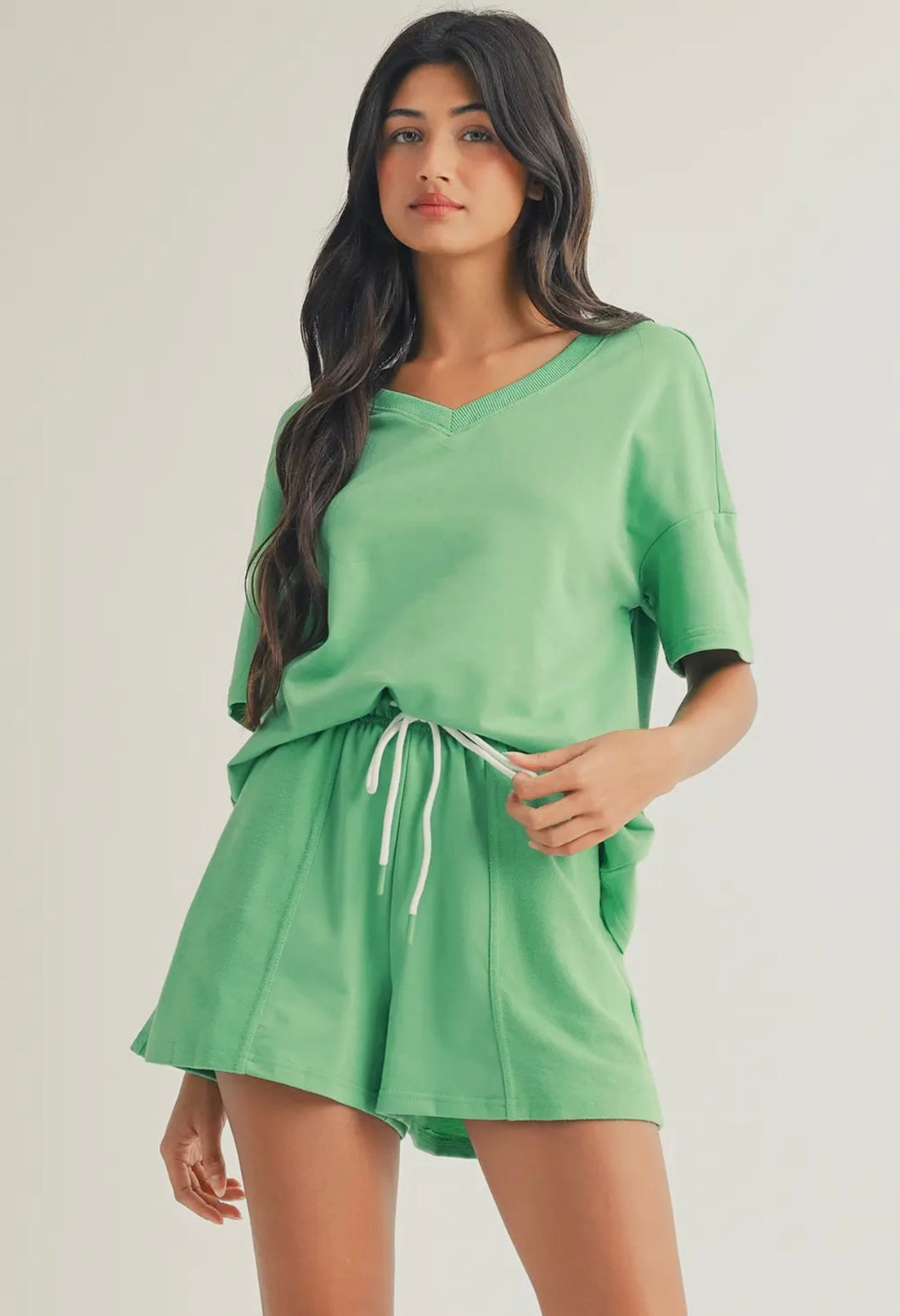 V-neck drop shoulder Tee and drawstring Shorts