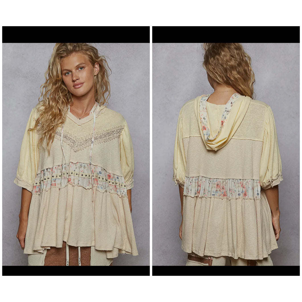 V neck Ruffle knit Hoodie