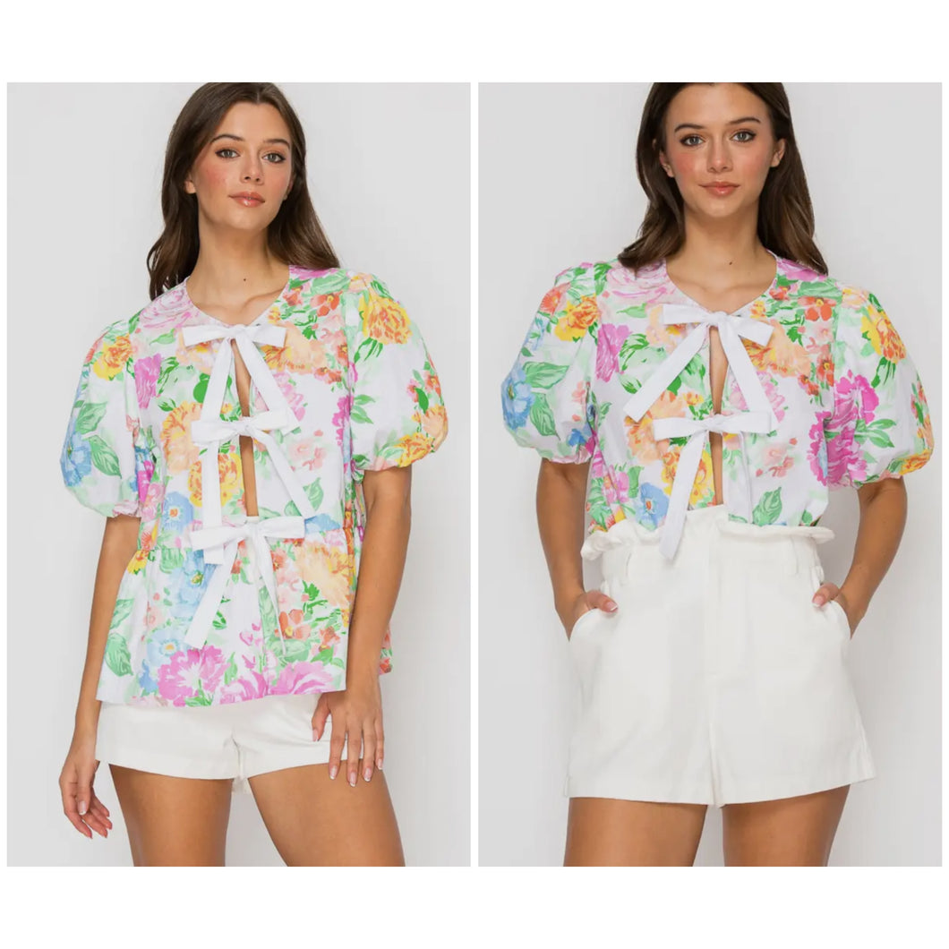 Garden Flower Print cotton top with front Ribbon