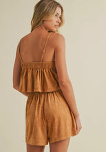 Load image into Gallery viewer, Suede pleated camel sleeveless top and shorts set
