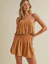 Load image into Gallery viewer, Suede pleated camel sleeveless top and shorts set