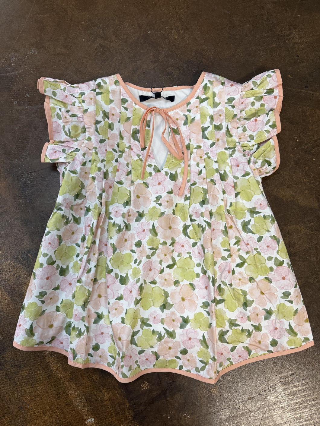 Floral print contrast piping pintuck cotton Top