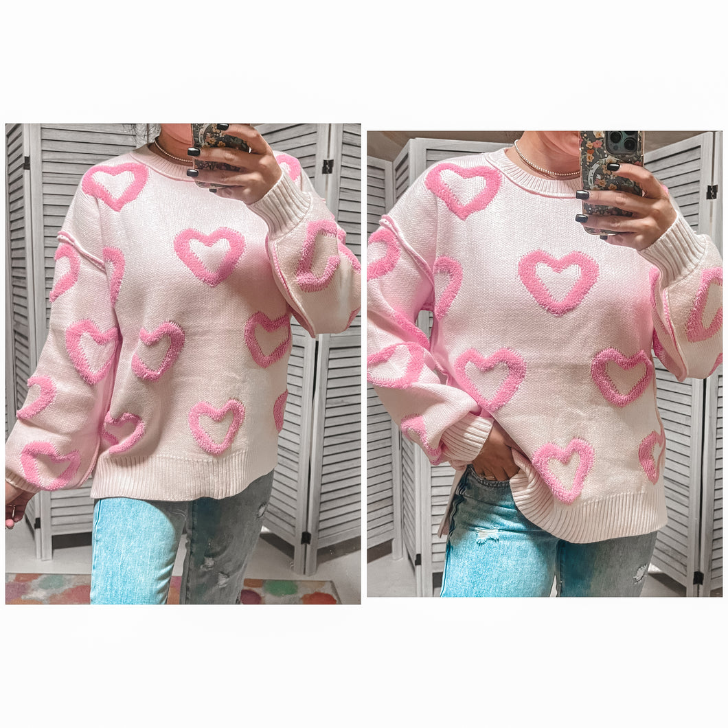 Pink Heart Shaped Bubble Sleeve Baggy Sweater