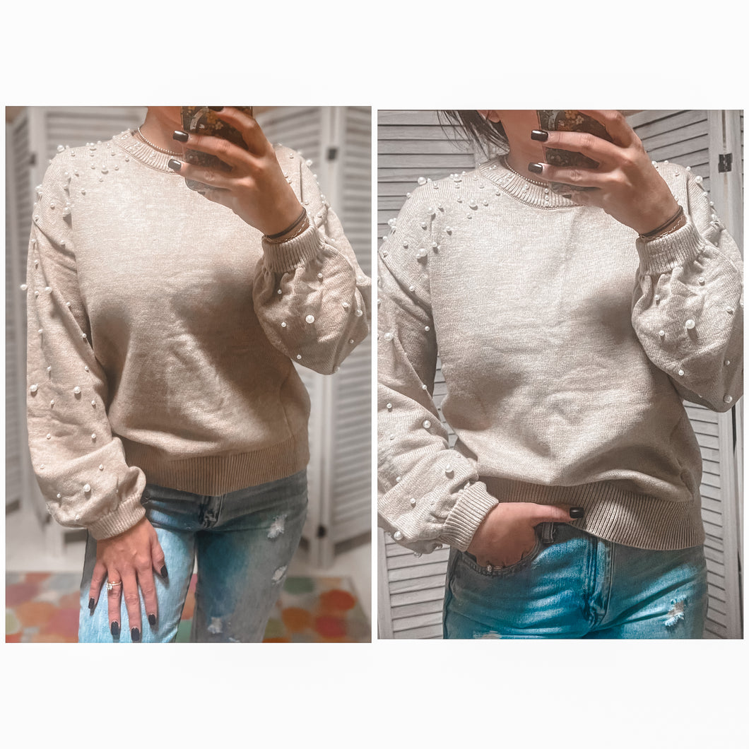 Pearled Drop Shoulder Round Neck Sweater