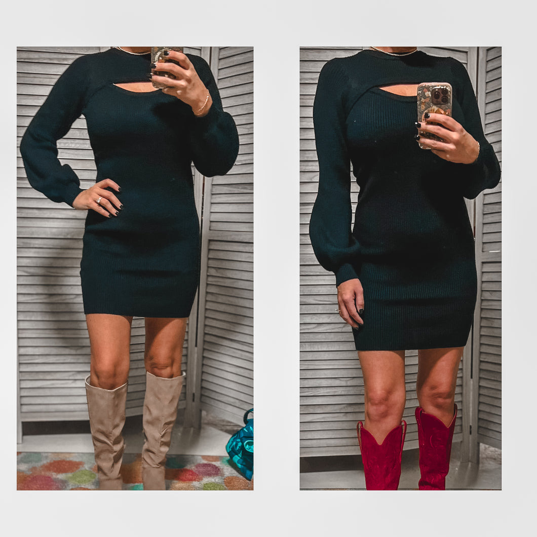 Round Neck Long Balloon Sleeve Cut Out Knitted Dress