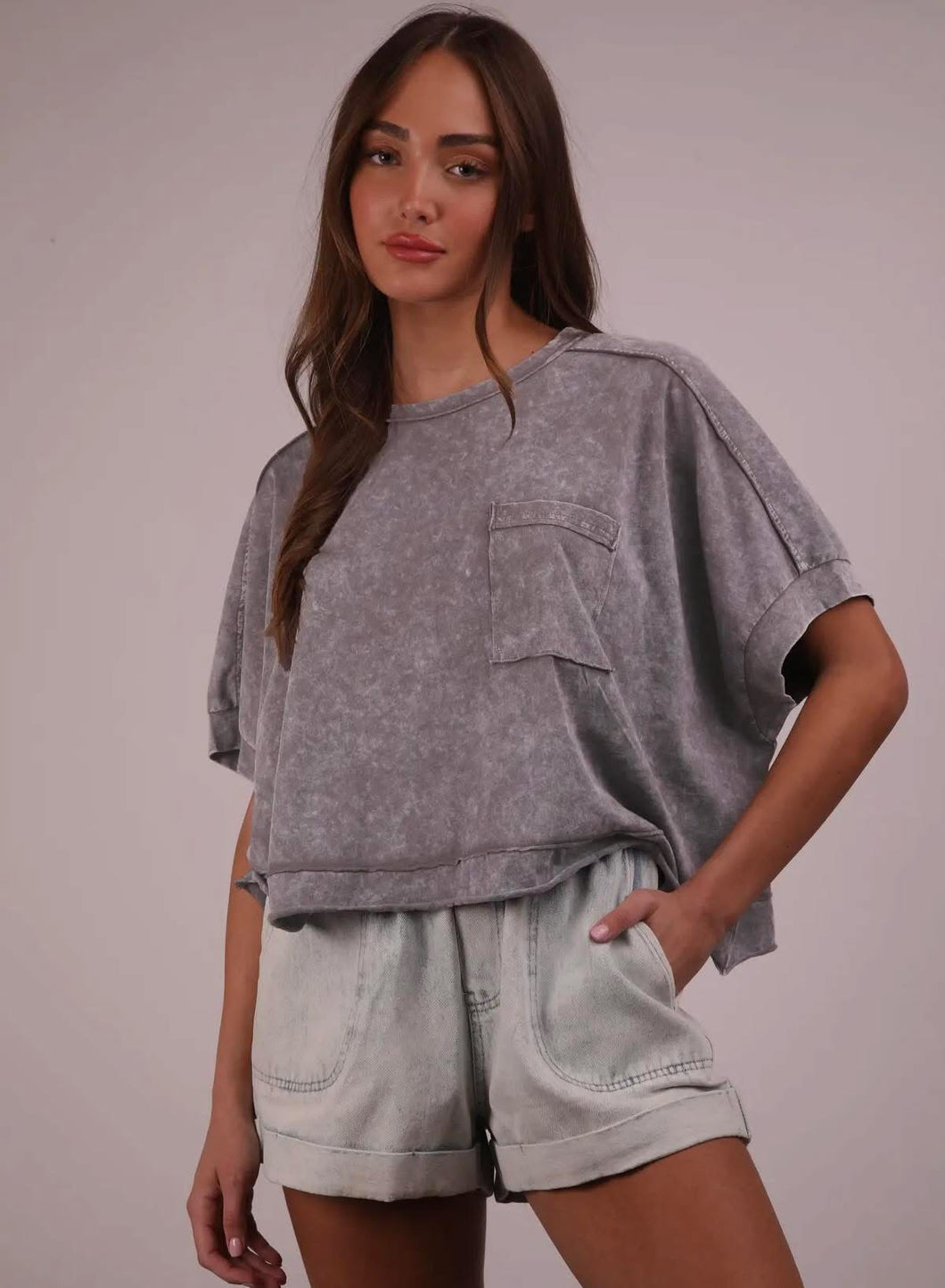 Mineral washed oversized crop comfy knit top