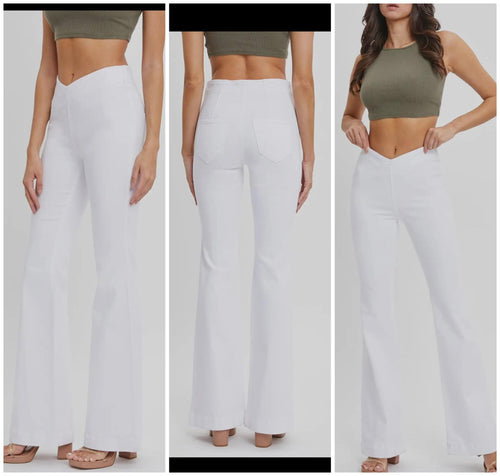 White Over lapped waistband pull on flares