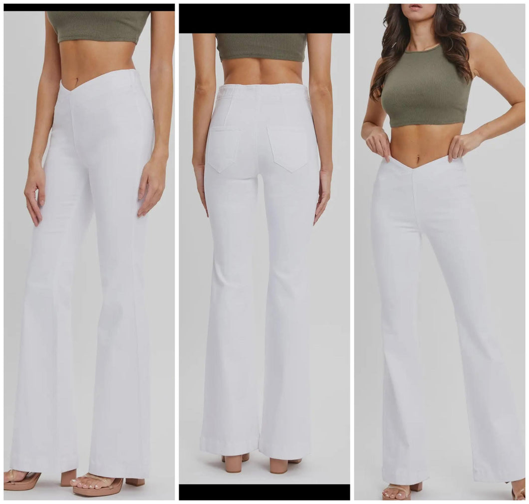 White Over lapped waistband pull on flares