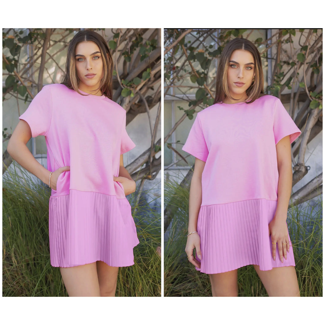 Poplin Pleated Contrast Knit Tee Mini Dress