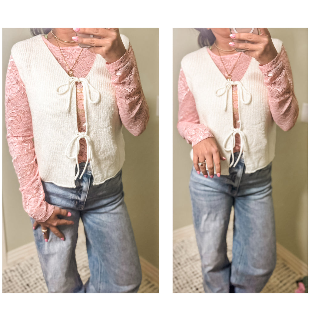 Beige Lace Up Front V Neck Sweater