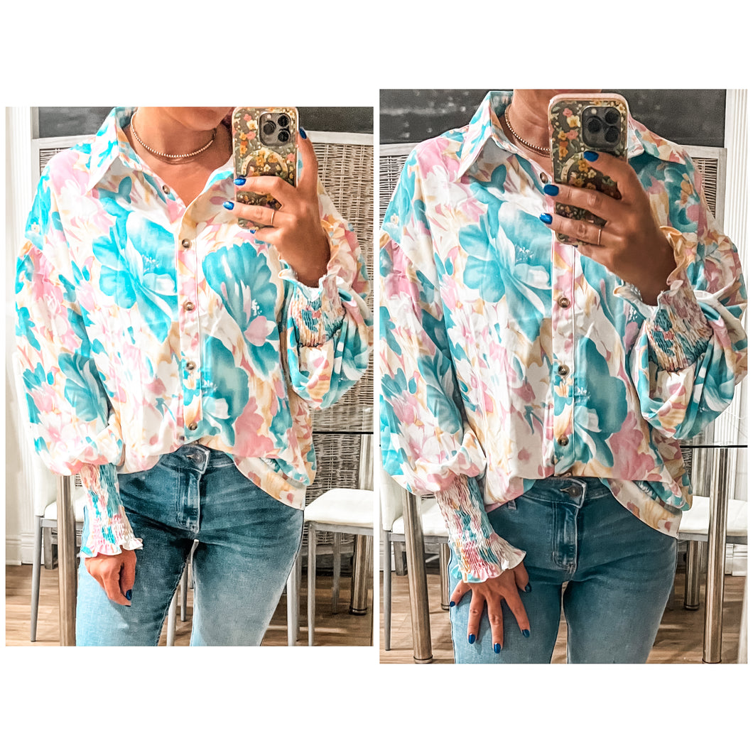 Floral Allover Print shirred Cuff oversized Shirt