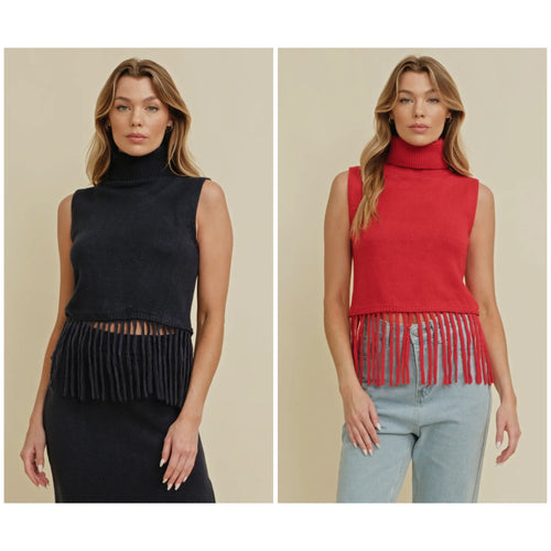 Turtle Neck sleeveless fringe hem cropped sweater