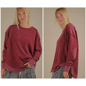 Mineral washed elbow patch knit top