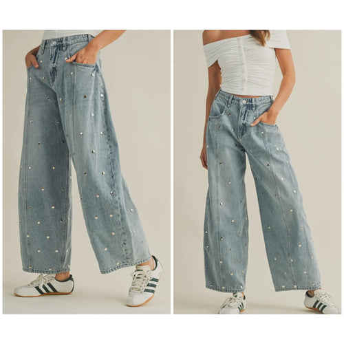 Studded barrel denim pants